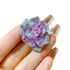 Peony camellia flower brooch with pink crystals and silver-tone petals for women