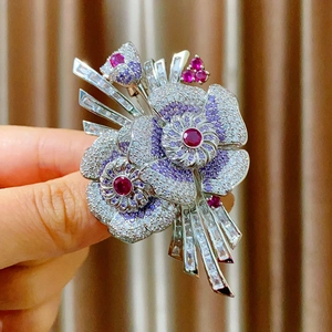 Broche en Cuivre Zirconia de Luxe Double Fleur pour Femmes Corsage Floral Exquis en Strass Violet Rouge Bijoux de Mariage Cadeau