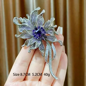 Elegant silver flower brooch with purple zircon tassels, 8.7cm x 5.2cm size view