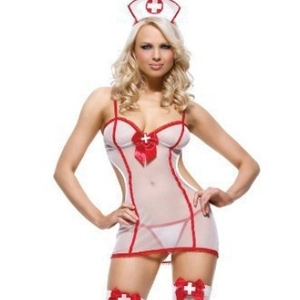 Three-piece sexy white nurse lingerie set with red lace trim and stockings