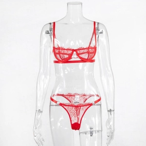 Sexy red lace lingerie set with underwire bra and matching thong on mannequin