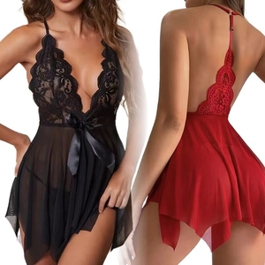 Women Sexy Lace Mesh Halter Nightdress Deep V Backless Sleepwear With Satin Bow Irregular Hem Babydoll Chemise Lingerie
