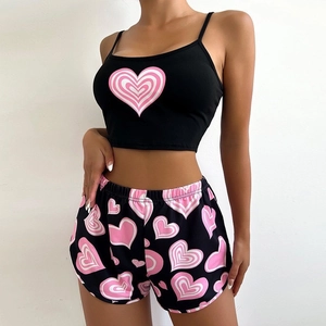 Women Heart Print Spaghetti Strap Camisole And Shorts Pajama Top And Bottom Sweet Sleepwear Home Wear Polyester Nightwear