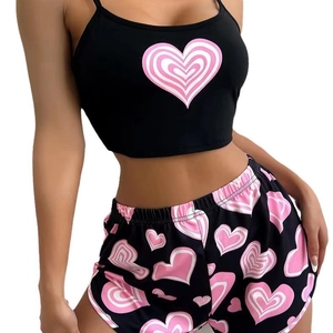 Women's two-piece black camisole and shorts sleepwear set with pink heart prints