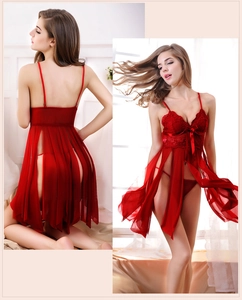 Detailed back and front views of a red lace lingerie set with sheer mesh panels