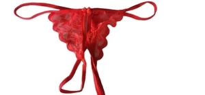 Red lace thong for women with sheer floral patterns and front bow detail