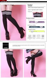 Detail of black over-the-knee cotton socks with triple white stripes and material specs