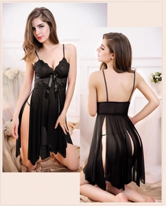 Lace detail and sheer mesh on black sexy lingerie chemise with side slit and bow