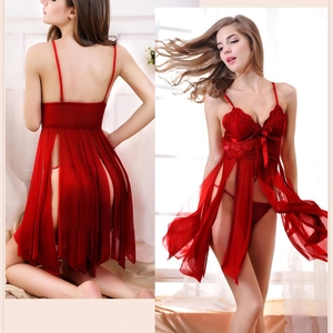 Women's Sexy Lingerie Set Lace Mesh Babydoll Nightdress With Bow Decoration Top And Bottom For Valentine's Day Nightwear