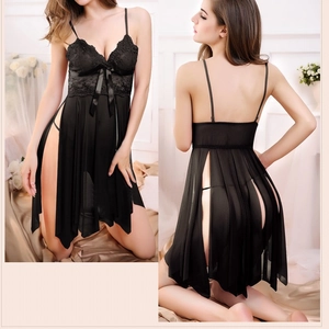 Front and back view of sexy black lace transparent lingerie set with v-neck and bow detail