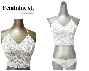 Close-up detail of white lace bralette with floral patterns and scalloped edges
