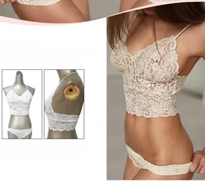 Detail view of sheer white floral lace lingerie set with scalloped edges and thin straps