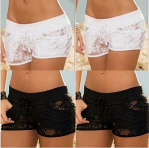 Lace hollow-out shorts for women with drawstring waist in black and white styles