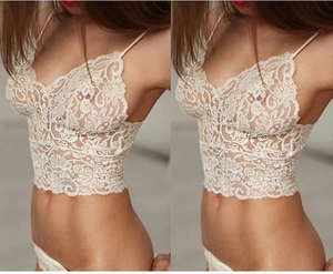 Close-up of ivory floral lace texture and strap detail on a slim fit lingerie set