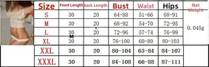 Lingerie size chart for lace bralette and panty set showing S-XXXL measurements and weight