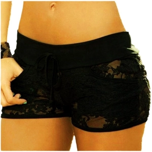 Sexy black floral lace shorts with drawstring waist and semi-sheer see-through design