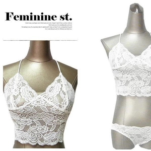 Sexy white lace lingerie set featuring a scalloped bralette and matching panties