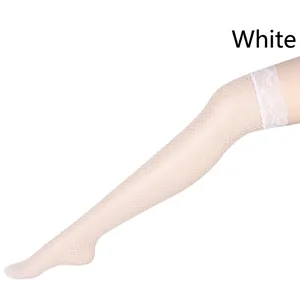 White thigh high fishnet stockings with floral lace trim and fine mesh texture
