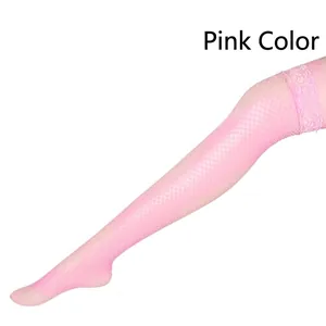 Pink thigh high fishnet stockings with floral lace trim for seductive women's fashion