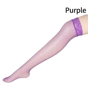 Sexy purple large fishnet stockings with decorative wide lace trim for women