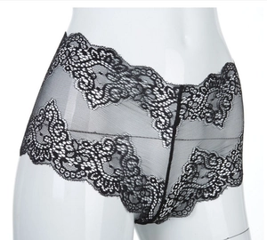 Close-up of black floral lace underwear showing intricate mesh hollow texture and wavy edges