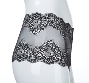 Detailed close-up of black lace panties featuring delicate floral embroidery and scalloped edges