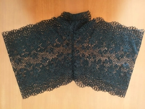 Détail de la broderie en dentelle noire aux motifs floraux délicats et ajourés sur tissu
