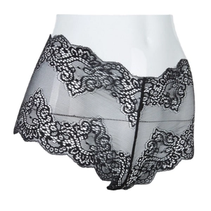 Elegant black floral lace panty with scalloped edges on a mannequin for a sexy style