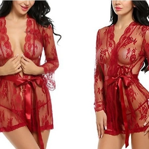Sexy rotes Spitzen-Dessous-Set mit transparentem Nachthemd und Satin-Gürtel für Damen