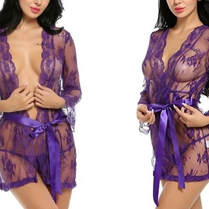 Sexy violetter floraler Spitzenmantel mit V-Ausschnitt und Satin-Gürtel für Damen