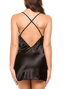 Detailed back view of sexy black satin nightdress with elegant crisscross strap design
