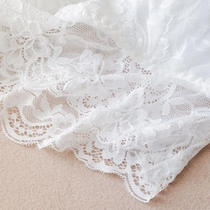 Close-up of white floral lace embroidery with delicate mesh and scalloped edge details