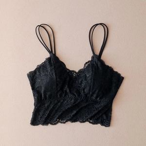Black floral lace camisole with double spaghetti straps and scalloped edges for women