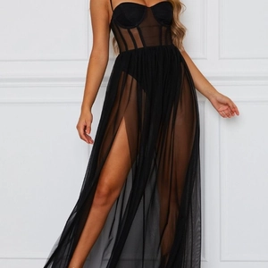 Elegant black mesh dress featuring a sheer bustier top and high slit sheer long skirt