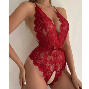 Body sexy en dentelle rouge pour femme avec décolleté en V profond et dos nu licou