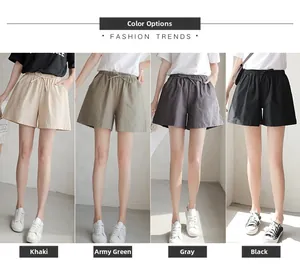 Set of women's loose cotton crepe shorts in khaki, army green, gray, and black colors