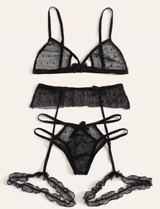 Détails de l'ensemble de lingerie en maille à pois noirs avec nœuds et porte-jarretelles