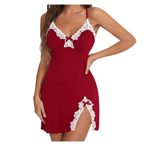 Close-up of deep red nightdress featuring white lace trim and delicate bow details