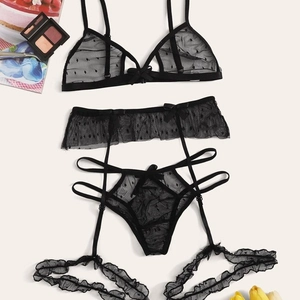 Ensemble de Lingerie Sexy pour Femmes Noir à Pois Maille Transparente Haut Et Bas Avec Nœud Volants Style Pur Désir Charme