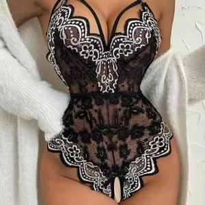 Body sensuale in pizzo nero trasparente con ricamo floreale bianco e scollo all'americana