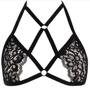 Sexy black lace halter bralette with geometric strap harness and metal ring accents