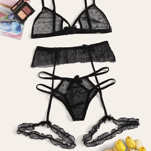 Ensemble de lingerie sexy en mesh noir à pois avec porte-jarretelles à volants et nœuds