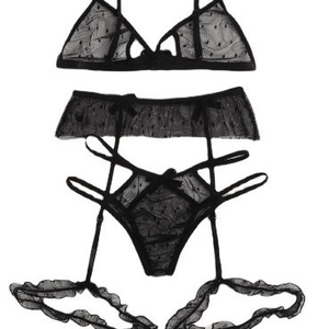 Ensemble de lingerie sexy 3 pièces en maille noire à pois avec porte-jarretelles