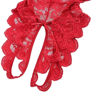 Detail of red floral lace lingerie featuring a delicate silk bow and scalloped edges