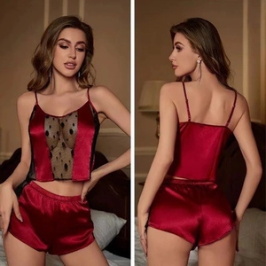 Women's Sexy Satin Pajama Set Lace Patchwork Polka Dot Mesh Cami And Shorts Loungewear Top And Bottom Sleepwear
