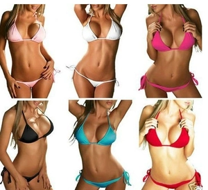 Detailed grid view of two-piece string bikinis in six vibrant colors with adjustable ties