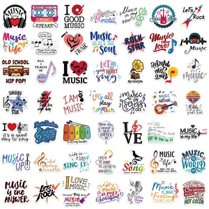 Close-up of assorted waterproof music stickers featuring guitars, notes and vinyl records