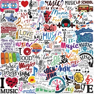 50-piece waterproof music stickers set with guitars, notes, and vinyl record designs