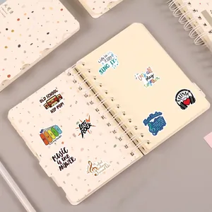 Detail of music stickers on notebook featuring vintage cassettes and headphones