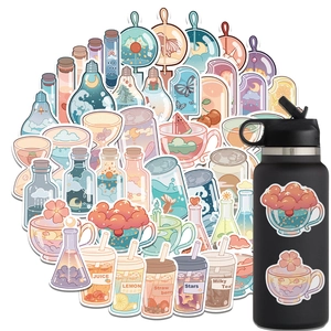 Close-up of waterproof hand-drawn drink stickers applied on a black matte water bottle